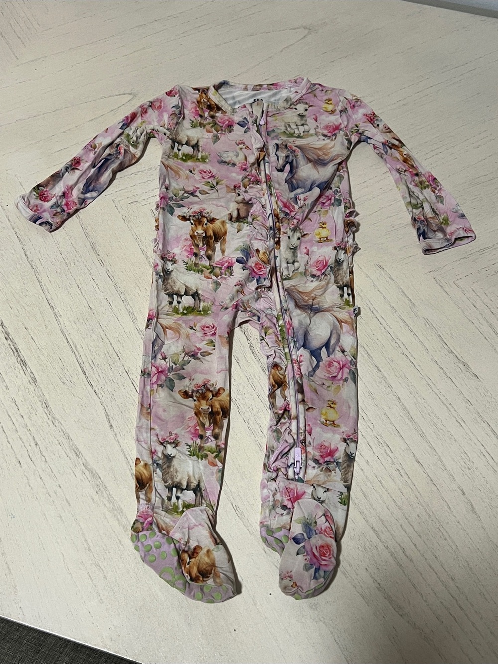 Pink Floral Farm Animal Zip-Front Baby One-Piece Pajama Footie